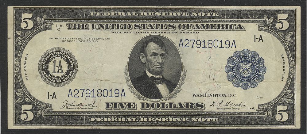 Fr.846, 1914 $5 Boston FRN, VF [30], A27918019A